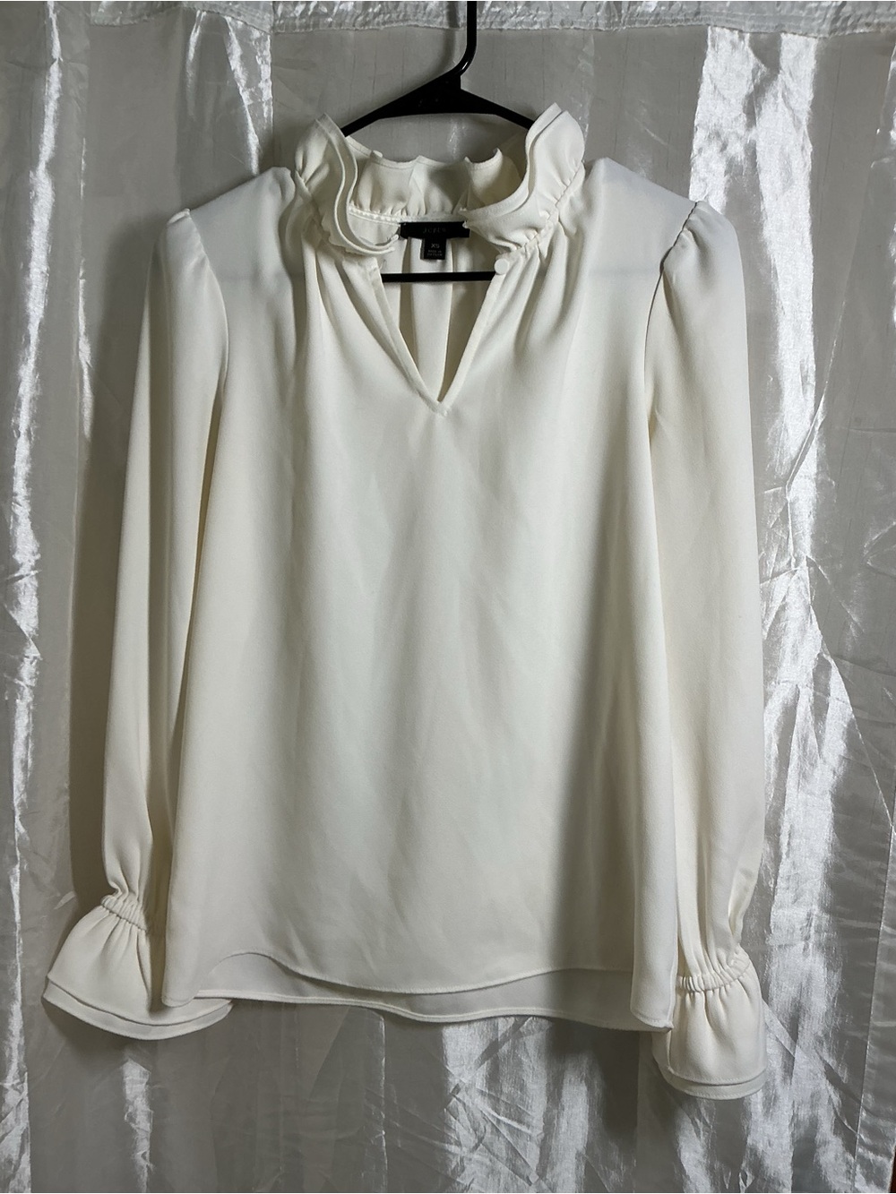 J. Crew Cream Ruffle-Trim V-Neck Long Sleeve Blouse